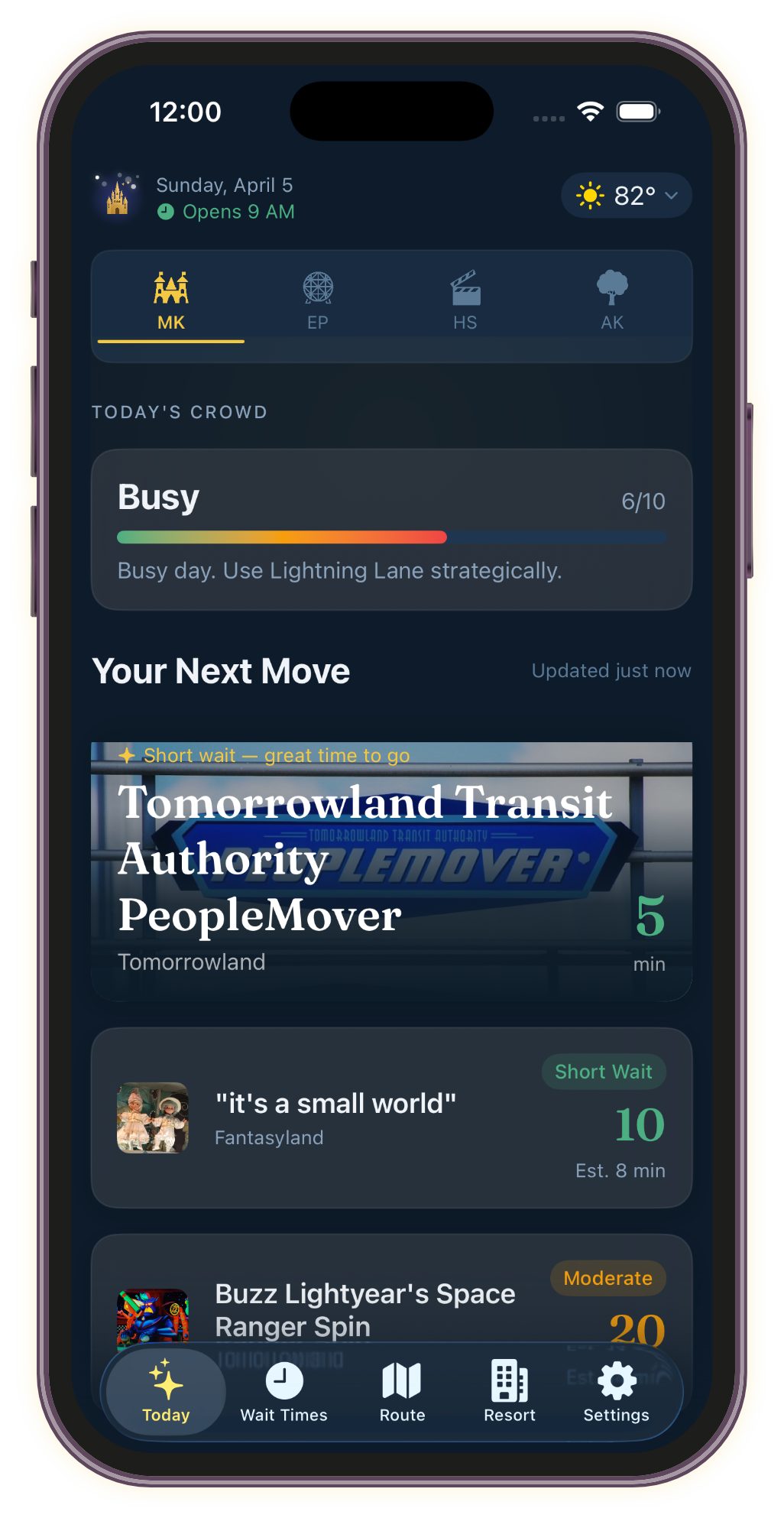 MagicDay Today View — live wait times, park hours, weather, and Lightning Lane recommendations