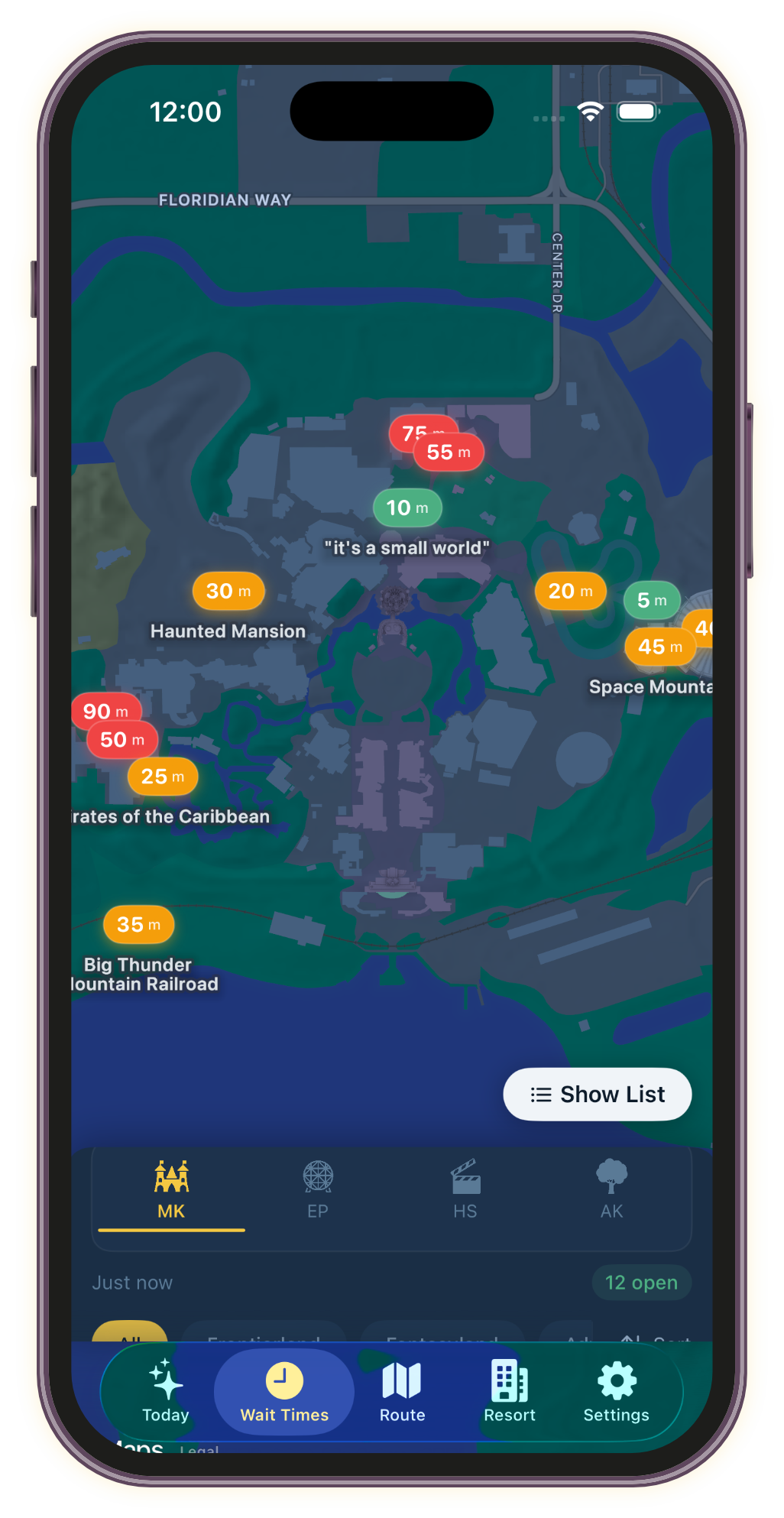 Live wait times on an interactive park map