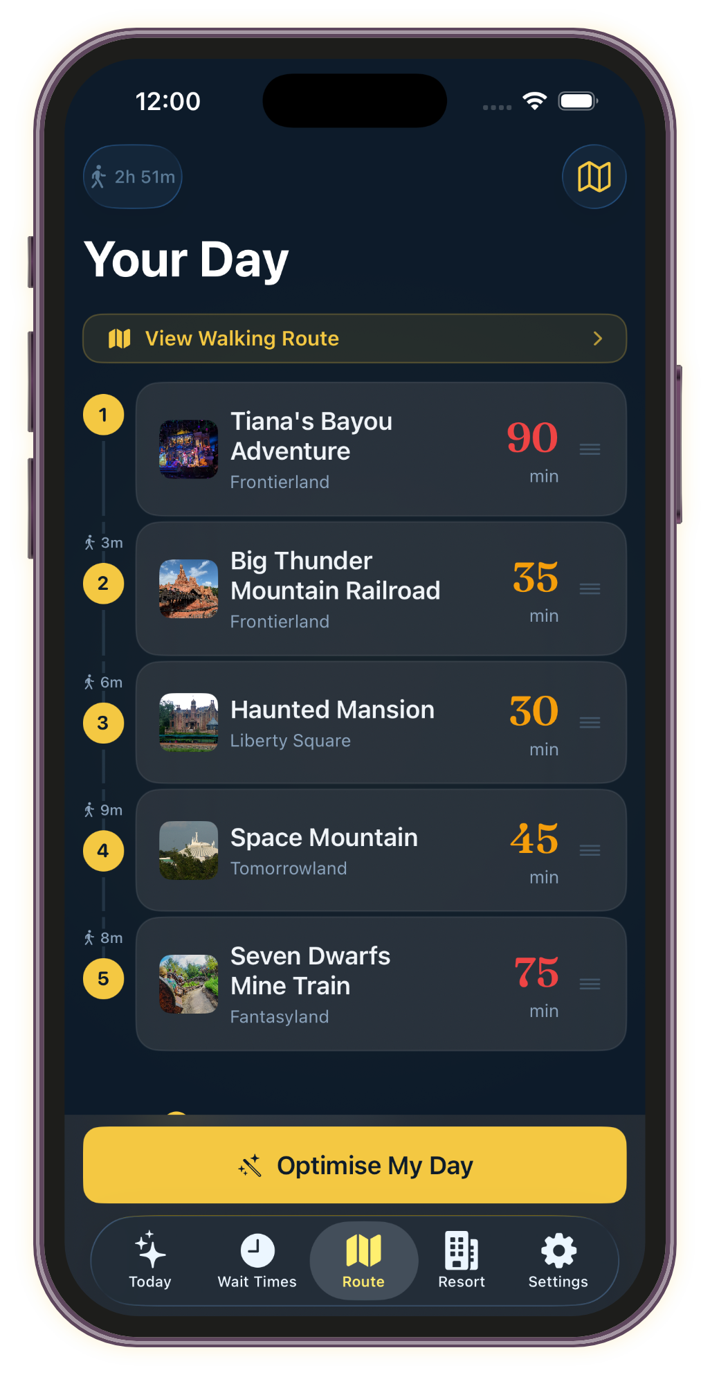 AI-optimised day route with walk times and wait estimates
